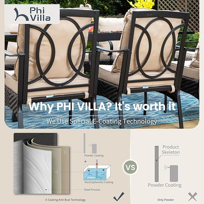 PHI VILLA Patio Chairs Set of 6, Heavy Duty Outdoor Metal Wicker Dining Chair with Thick Cushions, Large All Weather Wrought Iron Deck Chair for Outisde, Porch Backyard, Support 300lbs
