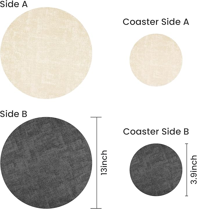 13-Inch Faux Leather Round Placemats Set of 8, Waterproof Anti-Slip Dual Sided Place mats, Heat Resistant Washable Table Mats with Coaster, Suitable for Indoor & Outdoor (8, Black Beige)