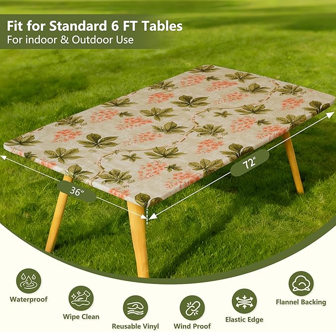 Rectangle Picnic Table Cloth, Elastic Waterproof Fitted Vinyl Tablecloths for 6 Foot Tables, Wipeable Flannel Backed Table Covers for Dining, Camping, Outdoor(Flower,36"x72")