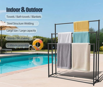 3 Tier Standing Towel Rack - Extra Wide Large Bathroom Towel Stand, Heavy-Duty Metal Towel Drying Rack for Poolside (Matte Black)