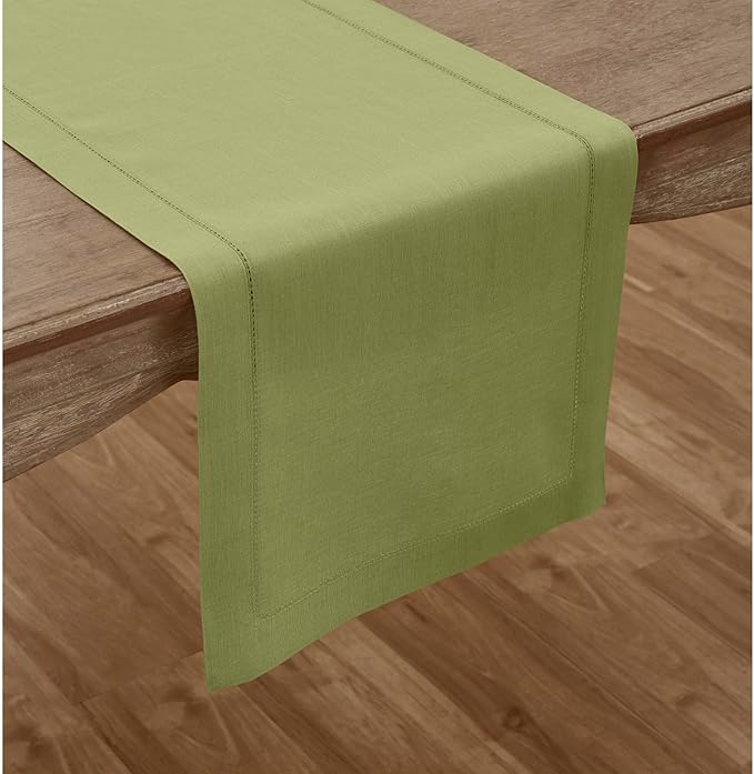 Solino Home Linen Moss Green Table Runner 132 Inches Long - 100% Pure Linen Extra Long Table Runner 14 x 132 Inch for Spring, Easter, St Patricks Day - Classic Hemstitch