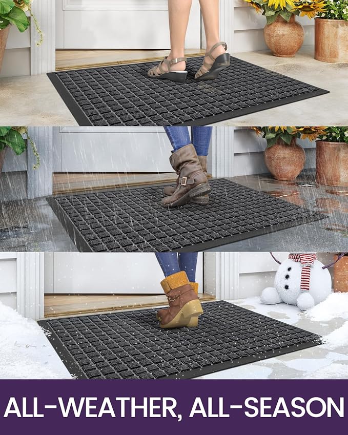 DEXI Front Door Mat Outside Entrance, 17x29 Rubber Entry Doormat Heavy Duty, Welcome Mats Non Slip for Inside House Floor Entryway Double Doors Exterior Patio, Checkered Grey