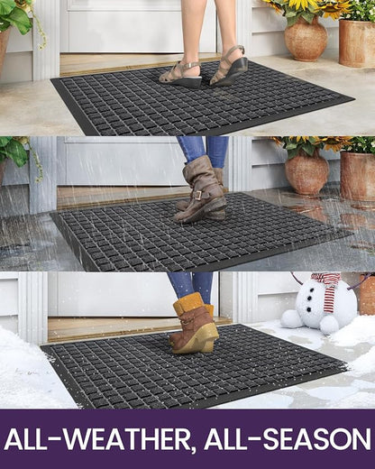 DEXI Front Door Mat Outside Entrance, 17x29 Rubber Entry Doormat Heavy Duty, Welcome Mats Non Slip for Inside House Floor Entryway Double Doors Exterior Patio, Checkered Grey
