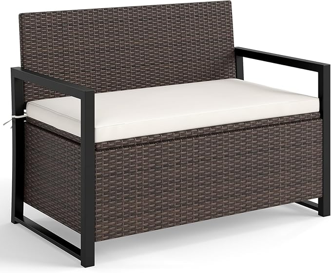 RELAX4LIFE Wicker Rattan Outdoor Storage Loveseat Bench Mix Brown Off White | by RELAX4LIFE
