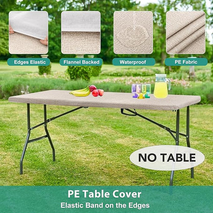 LUSHVIDA 6 Packs Vinyl Tablecloths with Flannel Backing for 8ft Rectangle Folding Table Cloths - Waterproof Plastic Picnic Table Covers with Elastic Corners, 30x96 inch, Natural Color