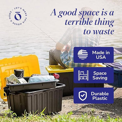 HOMZ 6-Pack Durabilt Tote, Heavy Duty Plastic Storage Bins with Lids, 15 Gallon, Black/Yellow - Stackable Organizing Containers for Home, Garage, and Office