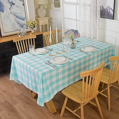 Cupuamon 2 Pack Waterproof Polyester Fabic Rectangle Checkered Tablecloth，60x102 Outdoor Table Cloth，Oil Stain Prevention Table Cloth for Pinics and Parties（Aqua and White）
