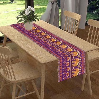 African Tribal Table Runner, Rustic Elephants Floral African Indian Diwali Art Print Purple Coffee Table Center Decor for Home Kitchen Holiday Party Farmhouse Outdoor Table Decorations, 13"x90"