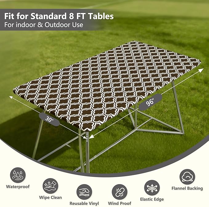 Rectangle Picnic Table Cloth, Elastic Waterproof Fitted Vinyl Tablecloths for 8 Foot Tables, Wipeable Flannel Backed Table Covers for Dining, Camping, Outdoor(Black,30"x96")