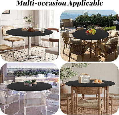 LURKA Round PU Leather Table Cover/Tablecloth with Elastic Hem – Waterproof, Oil-Proof, Scratch-Resistant, Wipeable Spill Protector for Dining Table, Kitchen, Outdoor Party (Black, 4FT-Round)