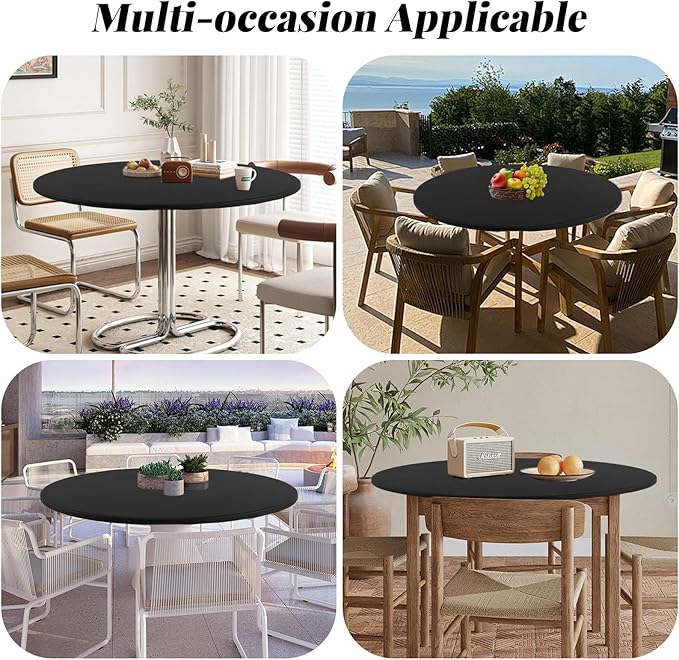LURKA Round PU Leather Table Cover/Tablecloth with Elastic Hem – Waterproof, Oil-Proof, Scratch-Resistant, Wipeable Spill Protector for Dining Table, Kitchen, Outdoor Party (Black, 5FT-Round)