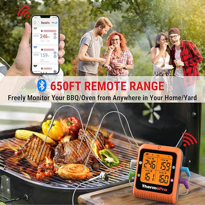 ThermoPro 650 ft Bluetooth Meat Thermometer with 4 Color-Coded Probes, Wireless Meat Thermometer Digital Wireless with Timer, Commercial Cooking Tools & Utensils Rechargeable for Smoker Oven
