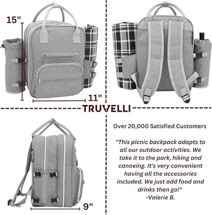Truvelli Picnic Backpack for 2 with Blanket – 12-in-1 Insulated Picnic Basket Backpack Set with‬ Wine Holder, Cutlery & Cheese Board – Luxury Picnic Back Pack for Couples, Outdoor‬ Adventures, Gray