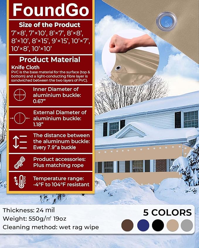 FoundGo 8'Hx10'W Outdoor Vinyl Curtains for Patio,19oz Clear Vinyl Patio Enclosure,Heavy Duty Clear Tarps Waterproof Vinyl Tarp with Grommets for Pergola, Porch,Gazebos,Balcony,-4℉ Cold Resistant