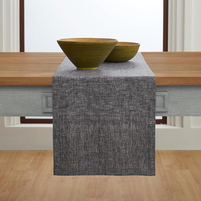 Solino Home Linen Table Runner 132 Inches Long - Athena, 100% Pure Linen Chambray Black 14 x 132 Inch Table Runner for Dining