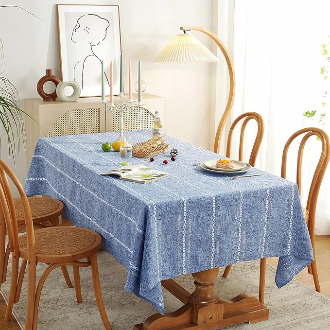 Chassic 60 x 120 inches Farmhouse Style Linen tablecloths, Wrinkle Resistant Washable Dining Room Table Cloths for 8 Foot Rectangle Tables - Hemstitch Blue