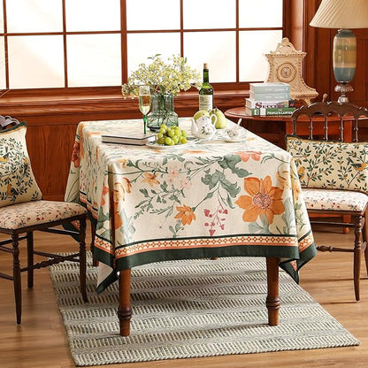 French Tablecloth for Rectangle Table,Linen Orange Floral Wrinkle Resistant Tablecloths,Decorative Table Cover for Kitchen,Dining,Tea Party,Thanksgiving,Christmas,55"*87"-Milch