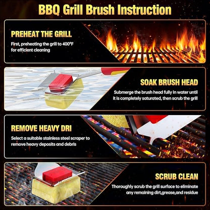 Grill Cleaning Brush Bristle Free Outdoor 19inch Extended Handle Grill Cleaner Brush for Cast Iron Stainless-Steel Grates, Replaceable BBQ Cleaning Brush Head, Steam Safe Grill Brush with Scraper, Red