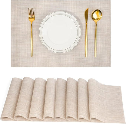 Placemats Set of 8，Non-Slip PVC Weave Table Mats Easy to Clean，Heat Resistant Place Mats for Kitchen Dining Table Decoration Indoor Outdoor，Beige White