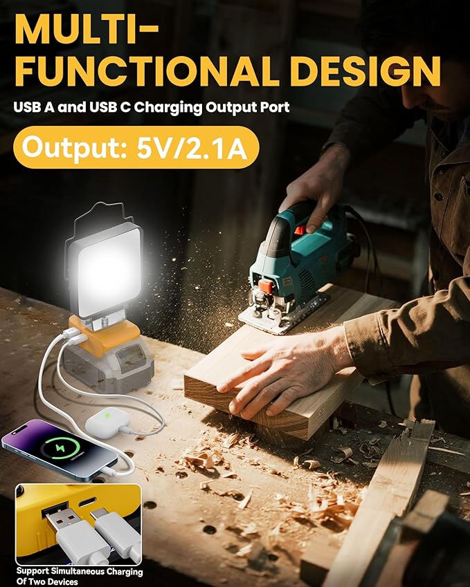 Ecarke LED Work Light Compatible with DeWALT Battery, 70W Lighting with 2Ah Battery, Portable with USB & Type C Charging Port, Cordless LED Work Light for Job Site & Outdoor