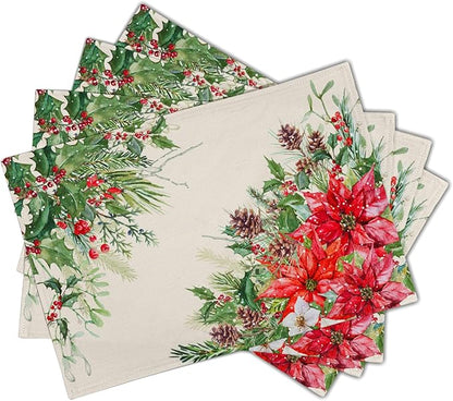 Giwawa Poinsettia Placemats Set of 4, 12x18 Inch Watercolor Christmas Red Floral Linen Table Mats for Kitchen Dining, Winter Holly Berry Pine Cones Washable Heat Resistance for Party Holiday Decor