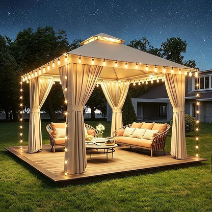 Aoxun 10x10FT Metal Frame Outdoor Gazebo w/Light, Khaki | UPF50+ Protection by Aoxun