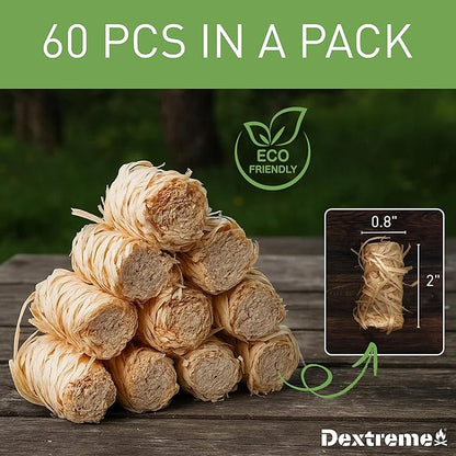 Dextreme Fire Starter (60 PCS) Natural Fire Starters for Campfire, Charcoal Starter, Fireplace, Wood Stove, BBQ, Chimney, Fire Pit, and Grill | All Weather, Odorless, Non-Toxic, w/10 Min Burning Time