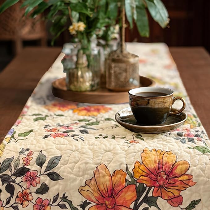 Cotton Quilted Floral Patchwork Table Runner 72 Inches Long – Handmade Farmhouse Table Runner for Dining Room, Coffee Table, or Buffet (Floral, 13*74)