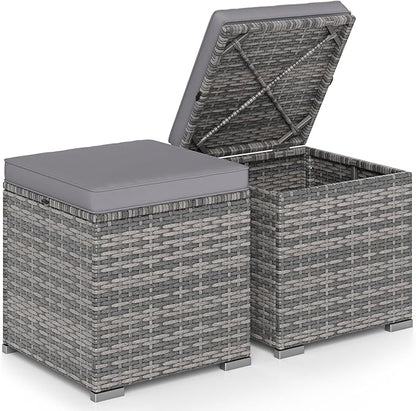 Tangkula 2 Pieces Patio Ottomans, Patiojoy Hand-Woven PE Rattan Side Table with Removable Cushion & Hidden Storage Space, Multifunctional Storage Box, Seat for Patio, Backyard, Poolside (Light Grey)