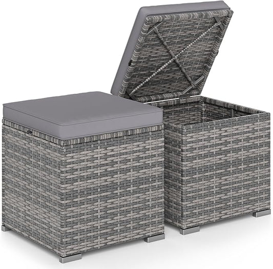 Tangkula 2 Pieces Patio Ottomans, Patiojoy Hand-Woven PE Rattan Side Table with Removable Cushion & Hidden Storage Space, Multifunctional Storage Box, Seat for Patio, Backyard, Poolside (Light Grey)