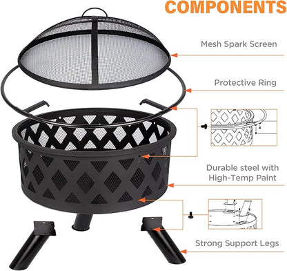 Red Mountain Valley 30'' Outdoor Wood Burning Fire Pit, 2-in-1 Large Round Fire Pit for Outside, Outdoor Fireplaces with Spark Screen, Fire Poker, Cover, Ideal for Patio, Backyard, Camping, Picnic