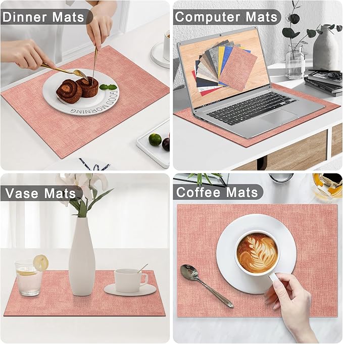 Homaxy Faux Leather Heat Resistant Placemats for Dining Table Set of 8, Waterproof Wipeable Washable PU Table Mats, Easy to Clean Anti-Slip Place Mats, 11.8" x 17", Pink