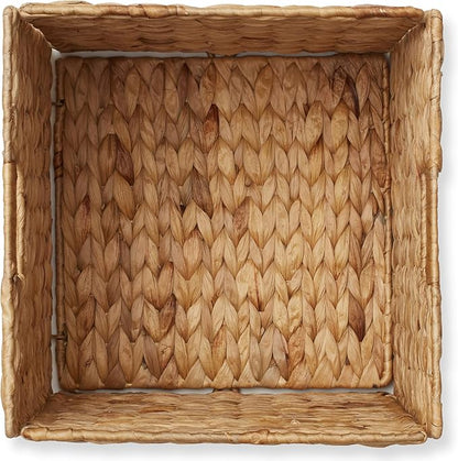 Casafield 13" x 13" Water Hyacinth Storage Baskets, Natural - Set of 2 Collapsible Cube Organizers, Woven Bins for Bathroom, Bedroom, Laundry, Pantry, Shelves
