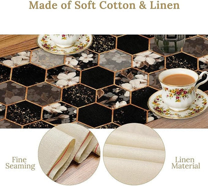 Marble Table Runner, Spring Floral Marble Geometric Texture Pattern Table Runner for Wedding Home Living Room Party Dining Kitchen 13x90in