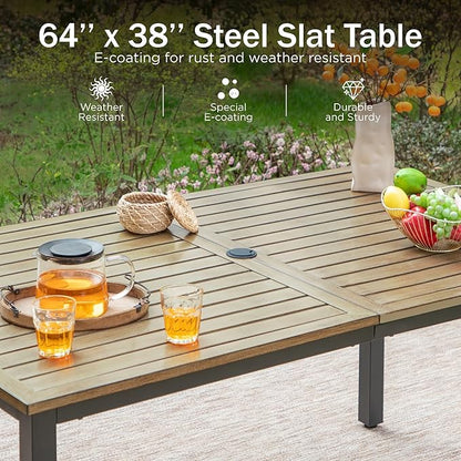 PHI VILLA 7-Piece Outdoor Dining Set, Heavy Duty Patio Table and Chairs Set with Umbrella Hole for 6, 64" Rectangular Patio Woodgrain Metal Table & Metal Wicker Dining Chairs with Cushions