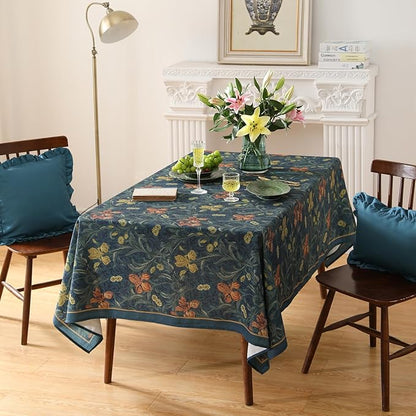 patdrea Designer Dark Blue Linen Rectangle Tablecloth,Vintage French Rustic Floral Pattern Tablecloths,Decorative Table Cover Cloth for Kitchen,Dining,Tea Party,Home,Christmas,55"*87"