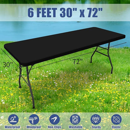 Spandex 6 Foot Rectangle Table Cloth 6 Pack, Elastic Fitted Tablecloths for Picnic, Stretch Washable Patio Table Cover for Outdoor, Camping, Banquet and Parties (Black, 30"x72")