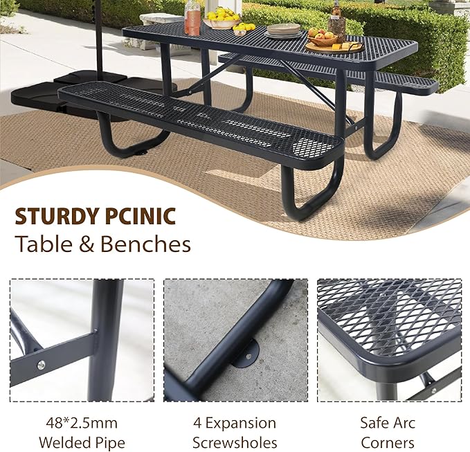6 FT Metal Picnic Tables for Outside, Outdoor Coated Steel Heavy Duty Commercial Picnic Table with Benches, Patio Table Rectangular Furniture Set for Garden, Lawn, Shops, Parks