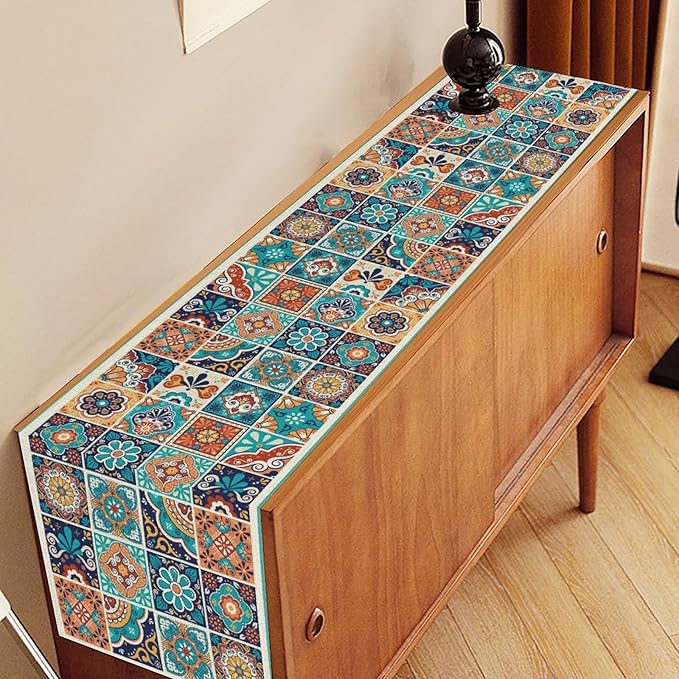 Mexican Table Runner, Blue Rustic Mexico Talavera Ceramic Hand Painted Tiles Cinco De Mayo Coffee Table Center Decor for Family Kitchen and Dining Patio Indoor Outdoor Table Decorations, 13" X 90"