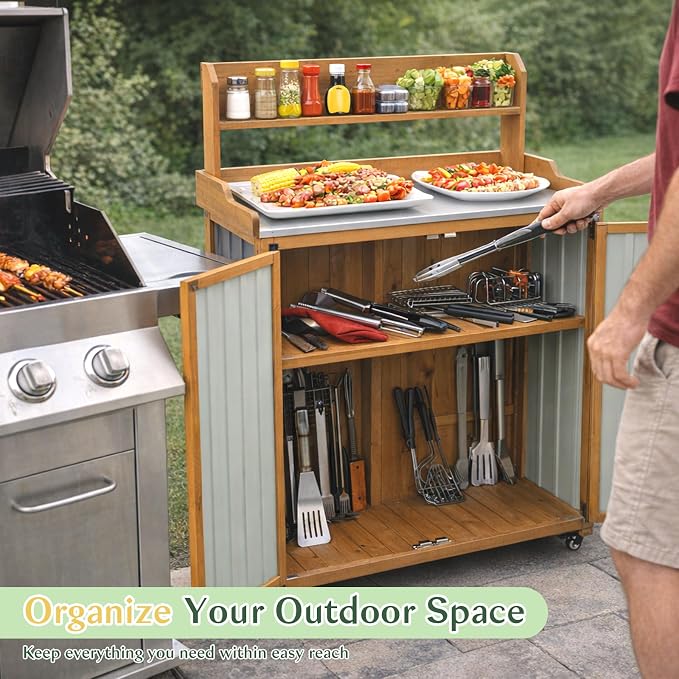 Outdoor Storage Cabinet with 4 Wheels and Handle, Metal & Wood Potting Bench - Image 7