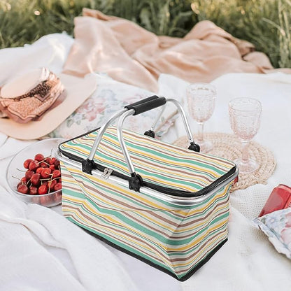 Wear-Resistant Insulated Picnic Basket and Foldable Shopping Tote for Outdoor Dining with Thick Aluminum Foil Lining, Yellow-Green Pattern, No Ice Pack, Vehicle Use and Food