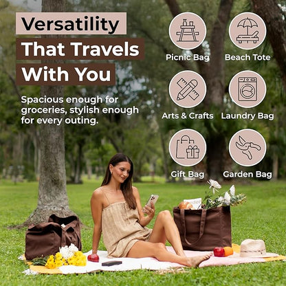 VeraMia Canvas Grocery Bag 3pc XL Set with Real Pockets, Long Shoulder Strap and Short Handle. Heavy Duty, Foldable, Washable