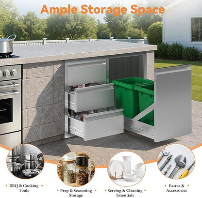 Jocisland Outdoor Kitchen Drawers 28" W×23" D×23" H Stainless Steel Drawers for Outdoor Kitchens, Single Door Trash Drawer & 3-Drawer Cabinet, Built-in BBQ Island Storage