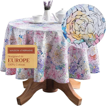 Maison d' Hermine Table Cloth Round Table 100% Cotton 69 Inches Tablecloth Reusable Decorative Everyday Use for Dining Room, Farmhouse, Home, Party, Festive & Wedding Spring Summer - Floral Love