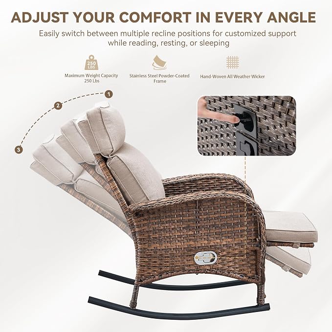 3 Pieces Zero Gravity Wicker Patio Rocking Recliner Chairs Set of 2 - Image 6