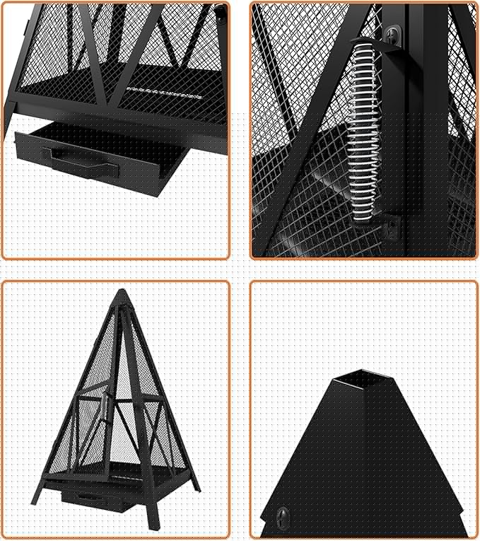 Kingson Pyramid Fire Pit, Heavy-Duty Steel Smokeless Wood Burning Fire Bowl for Outdoor Patio Garden Backyard, Bohemian & Meditation Decor
