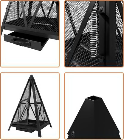 Kingson Pyramid Fire Pit, Heavy-Duty Steel Smokeless Wood Burning Fire Bowl for Outdoor Patio Garden Backyard, Bohemian & Meditation Decor