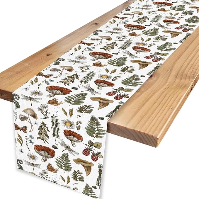 Mushroom Table Runner, Rustic Farmhouse Forest Plants Botanical Country Coffee Table Center Decor for Home Kitchen Dining Patio Holiday Party Indoor Outdoor Table Decorations, 13"x72" Inch