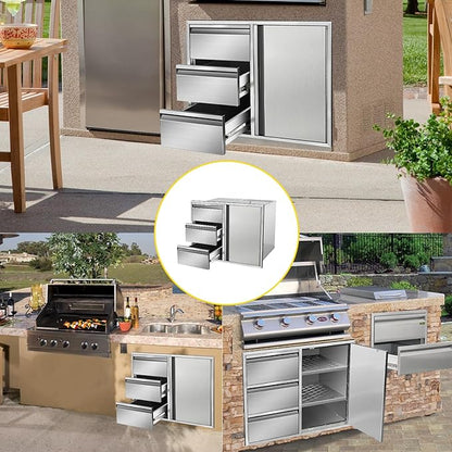 Outdoor Kitchen Door Drawer Combo Cabinet 28" W x 22" H x 19.5" D Stainless Steel Built-in Triple Drawers&Right Access Door Combo Cabinet for Outdoor Kitchen Island, Patio Grill Station