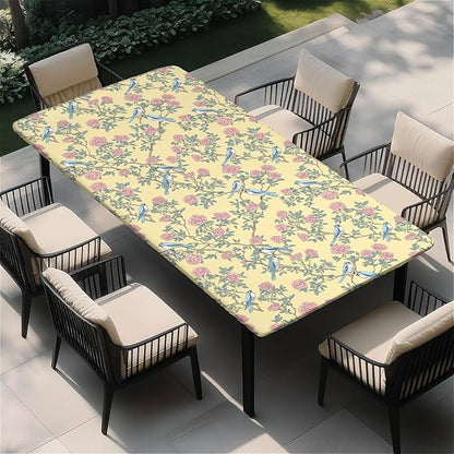 Rectangle Table Cloth Cover Waterproof Elastic Fitted Polyester Fitted Tablecloths for 6 Foot Tables for Indoor,Picnic, Camping, Outdoor （60" x 30"，Bird）